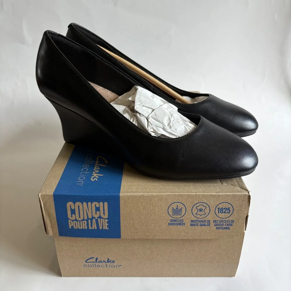 Clarks Collection Olivette Pearl Black Leather Wedge Pumps Womens 10 M New